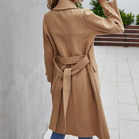 Button Front belted Trench Coat - TAN - Picture 4 of 8